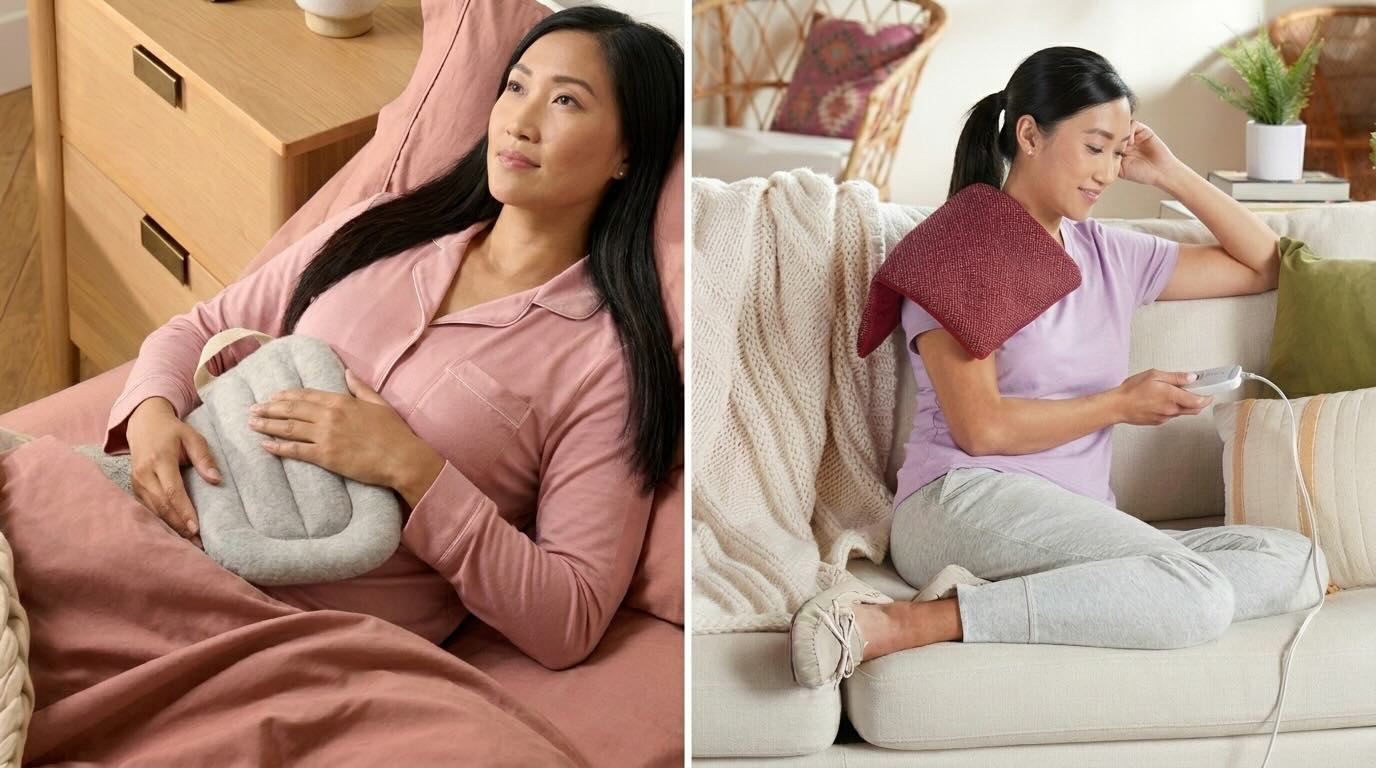 two ladies using a microwave and also electric heatpad to relieve their menstrual pain